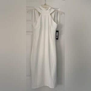 White High-Neck Halter Midi Dress( lined )